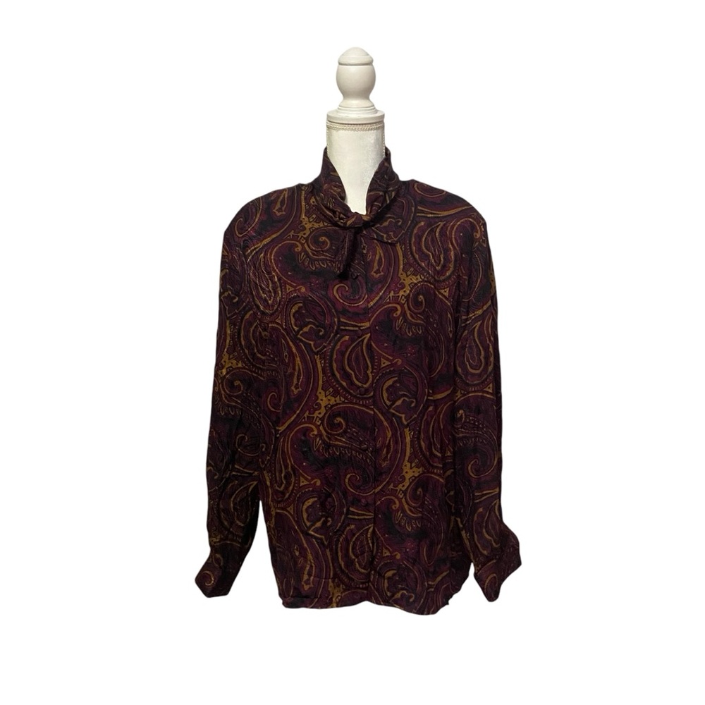 Vintage Paisley Valerie Stevens Pure Silk Purple Blouse Long Sleeve Shirt